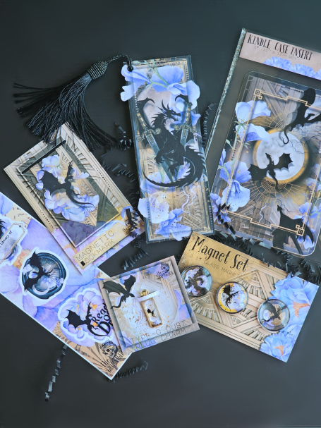 A collection of vintage-style cards and bookmarks with floral and gothic themes.