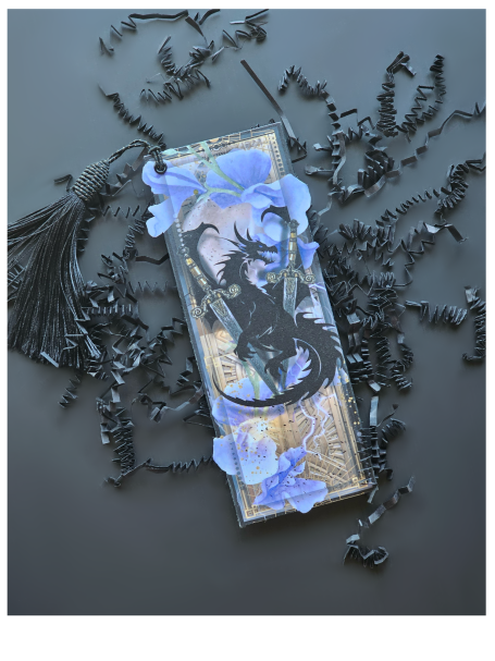 Bookmark face up showing two daggers in a V shape and an art deco theme with purple delicate flowers